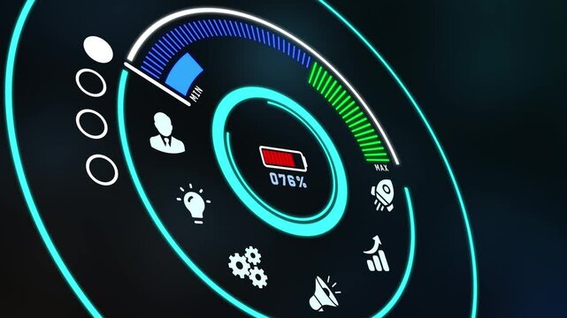 Advanced automation system dashboard featuring futuristic HUD interface with process gears and tech control meters