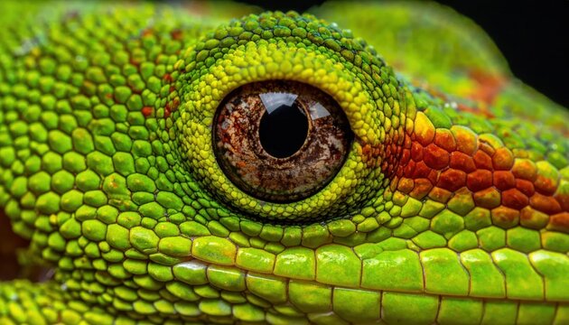 Close-up of a lizard's eye and scales, displaying vibrant green, yellow, and brown textures