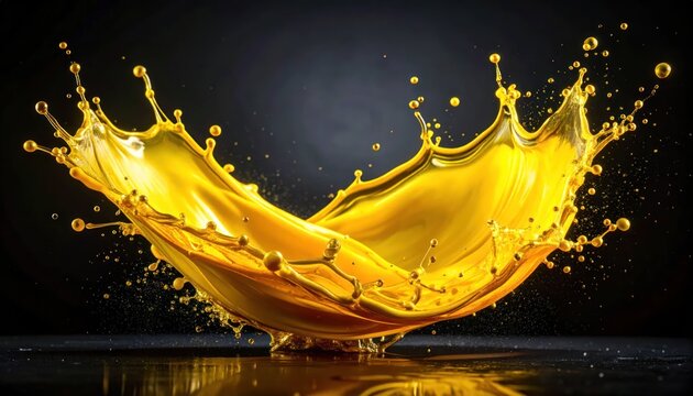 Dynamic capture of radiant golden liquid exploding outward against a dark background