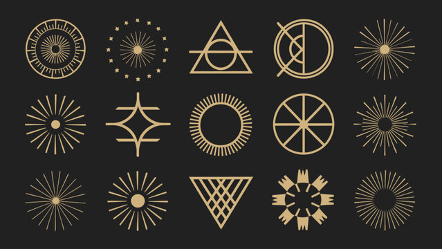 Sacred geometry line icons set featuring gold celestial sunburst triangles and mystical esoteric symbols isolated on dark background.Sacred geometry line icons set featuring gold celestial sunburst tr