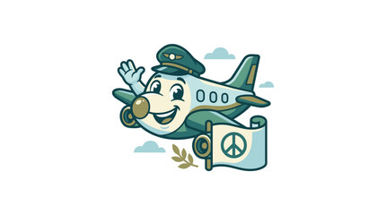 Cartoon Airplane Pilot Character Carrying Peace Symbol Banner © Jisam