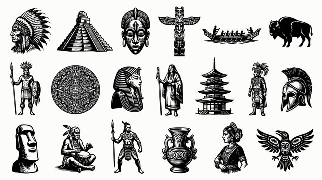 Collection of black and white icons representing global ancient wonders and cultural symbols.