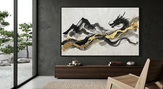 Modern living room interior with Asian style abstract dragon and mountain ink wash painting on wall