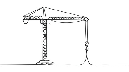 Fototapeta premium Continuous one line drawing of a tall industrial tower crane with a lifting hook for building construction site project