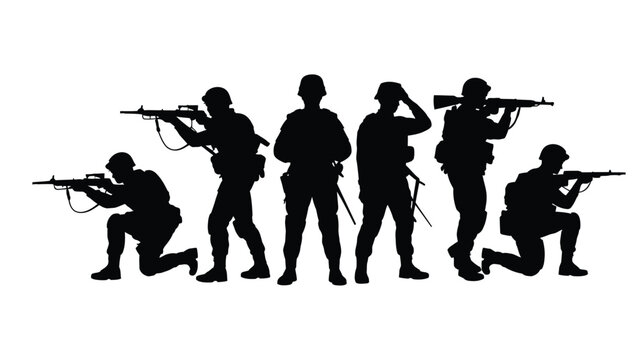 Silhouette group of military soldiers with guns and rifles standing and kneeling in combat poses on a white background