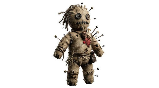A creepy voodoo doll, pierced with many pins and needles, stands ominously against a stark white background, evoking a dark and mysterious mood.