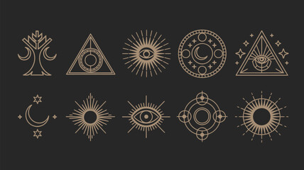Mystical occult gold line icons set featuring evil eye crescent moon celestial sun geometric symbols isolated on dark background. © Atikul