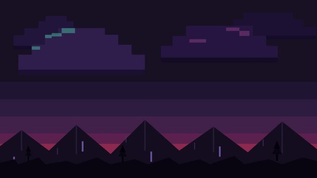 Pixel Art Rainy Night Landscape with Mountains and Forest Silhouette