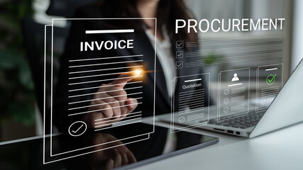 Obraz premium A businesswoman interacts with digital documents and an invoice in a modern office, showcasing the innovative procurement process using technology for efficiency and organization. Cyphers