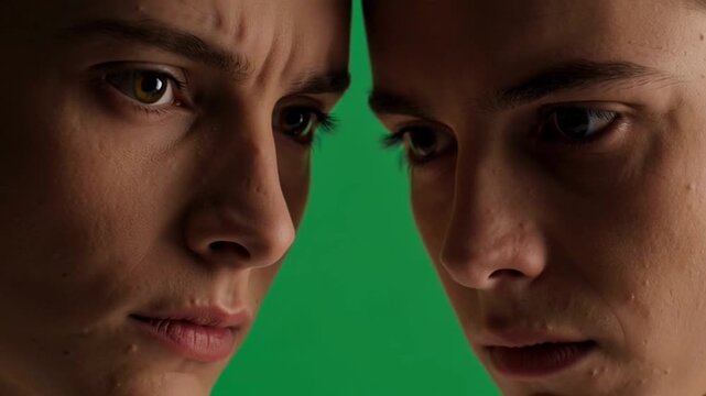 Close up of two serious young people faces looking intense against green screen background.