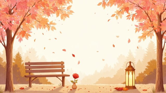 Park bench scene with autumn colors, featuring pink tree leaves. A cozy setting with lamp post lighting up the area as winter approaches.