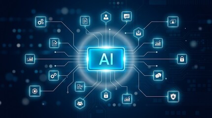 Fototapeta premium Artificial Intelligence Neural Network Concept with Connected Digital Icons on Dark Blue Background
