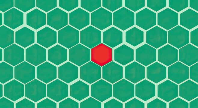 Green honeycomb pattern with one unique red cell.