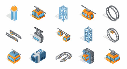 Colorful isometric icons of industrial machinery and equipment. © Nora