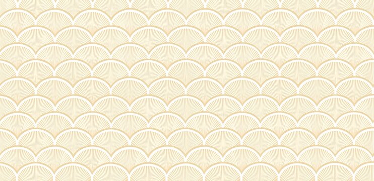 Overlapping Cream Scallop Seamless Pattern Half Circles Fan Shell Concentric Lines Textured White Outlines Light Background Subtle Elegant Repetitive