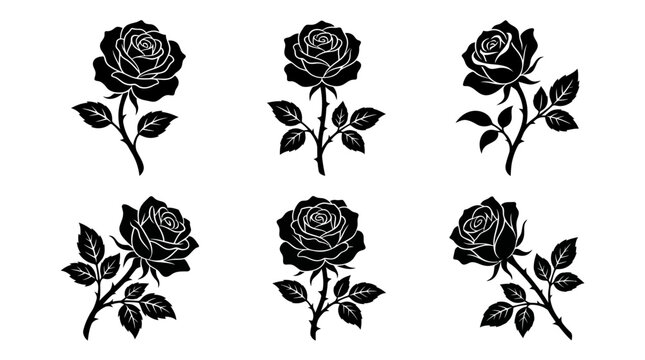 Six Black Rose Silhouettes with Stems and Leaves Floral Vector Set