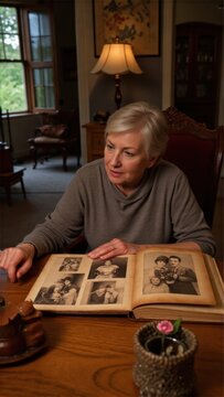 An elderly woman is engaged in an album of old photos, reminiscing about her family and past memories.