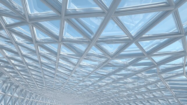 Intricate geometric glass structure forms a translucent vaulted ceiling against a pale blue sky.