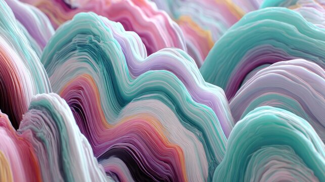 Multicolored abstract topography exhibits undulating waves with soft pastel shading.