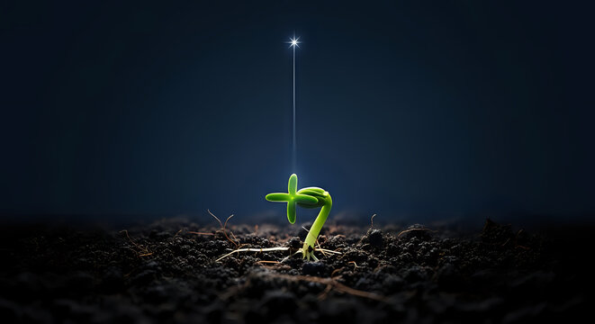 Green sprout growing from dark soil illuminated by a sharp beam of light with beginning