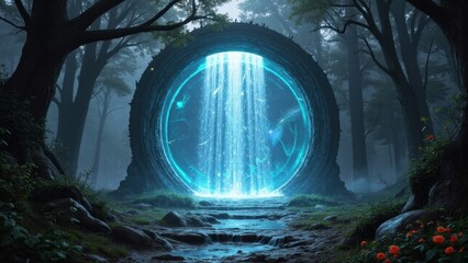Obraz premium A mystical portal glows in the heart of a forest at night, emitting energy and creating a gateway to another world.
