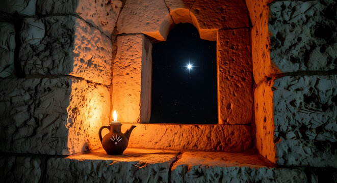 Ancient stone window sill with oil lamp burning beside glowing moonlight view, religion