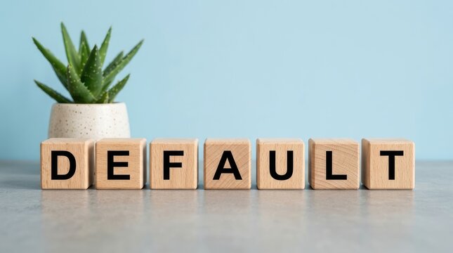 Seven wooden alphabet blocks arranged to spell the word default sitting on a gray desk surface