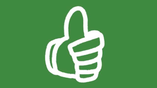 Thumbs up positive feedback hand gesture cartoon graphic with chalk outline like and approval notification icon isolated on green screen background for creative student reward line art element concept