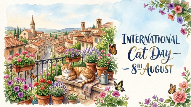 International Cat Day Celebration &ndash; Cute Cat on Balcony in Tuscan Town