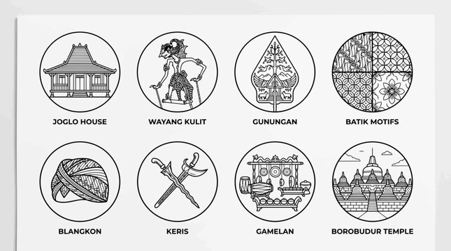 Collection of Indonesian cultural heritage icons including wayang kulit, borobudur, and batik.