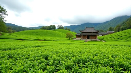 Obraz premium Bright green tea leaves covering the rolling hillsides of a mountainous region, likely for harvest. Hazy sky suggests early morning or evening time.
