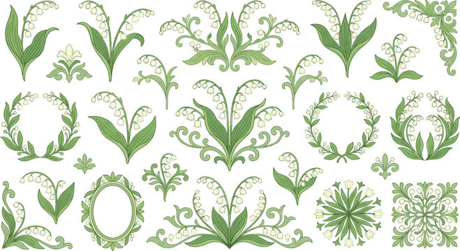 Elegant lily of the valley vector set with isolated vintage floral wreaths, corners and ornate decorative botanical frames