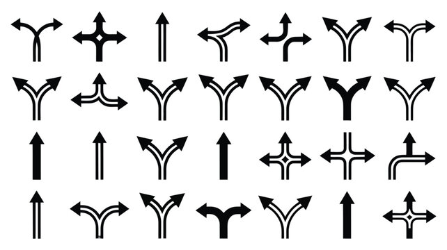 Road arrows vector icons with isolated directional symbols, traffic guidance graphics, route navigation elements, roadway markings, and transportation illustration designs