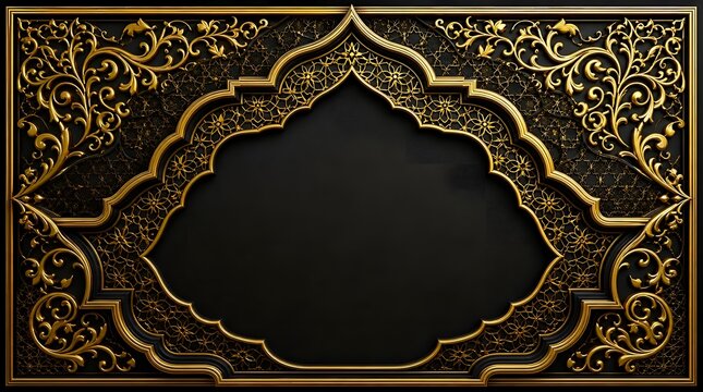 Golden Ornate Arch Frame on Black Background