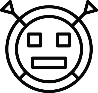 Simple line icon of a robot face with square eyes rectangular mouth and crossed antenna on top enclosed in double circle outline