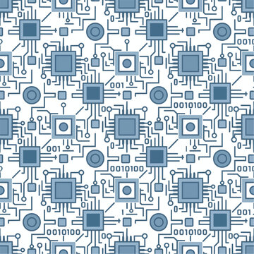 Seamless circuit board pattern with microchips processors binary code and connection nodes in blue and white tones