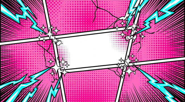 Comic Book Panel Background: An explosive, dynamic comic book panel with a vibrant pink background, radiating energy and lightning bolts, ready to host a dramatic scene or dialogue.
