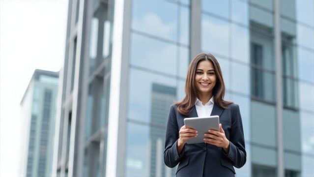 A beautiful, young businesswoman with dark hair smiling at the camera while holding a tablet computer and reading from it.