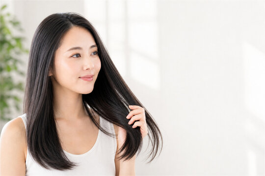 上半身で髪を手ぐしで整える女性の横顔美髪ケア