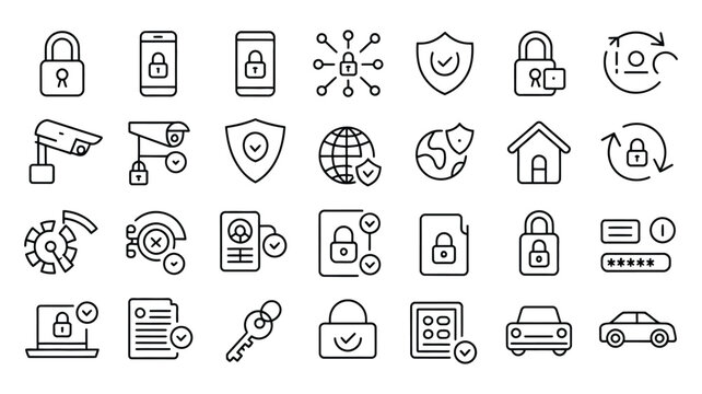 Safety protection and security outline icon collection featuring editable stroke graphics, prevention symbols, safeguarding concepts, pixel perfect elements, and vector illustrations