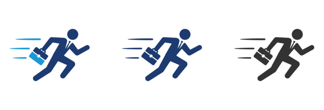 Businessman running fast with briefcase icon set representing speed and career success.