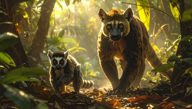 Lemur and fossa walking together in forest habitat