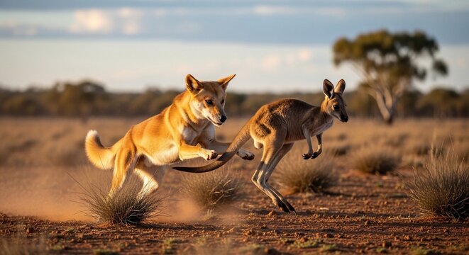 Two kangaroos and dingo running in Australian outback landscape