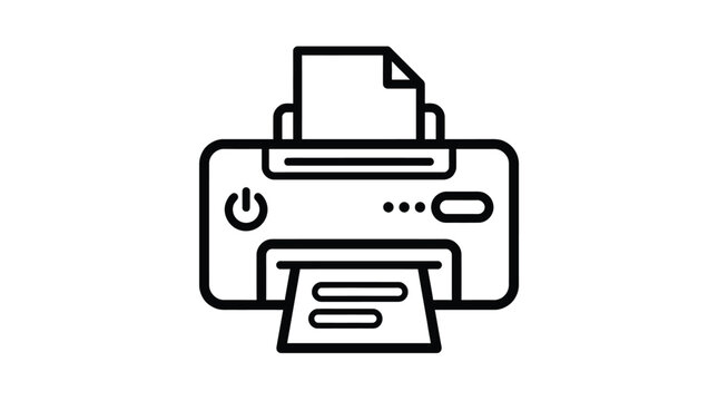 Minimalist black and white line art vector icon depicting a modern desktop printer with a single sheet of paper emerging from the internal mechanical slot