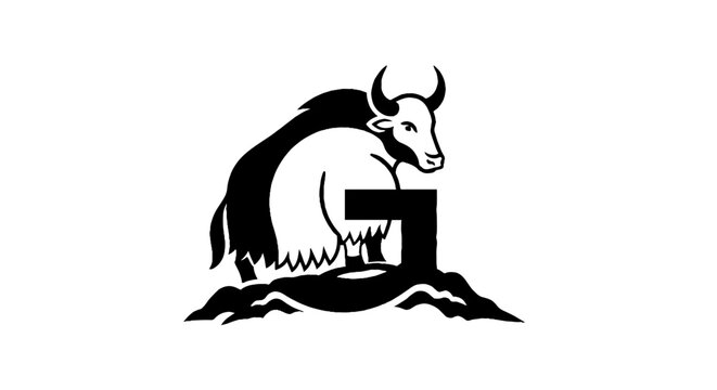 Black and white illustration of a resting bull on a rock.