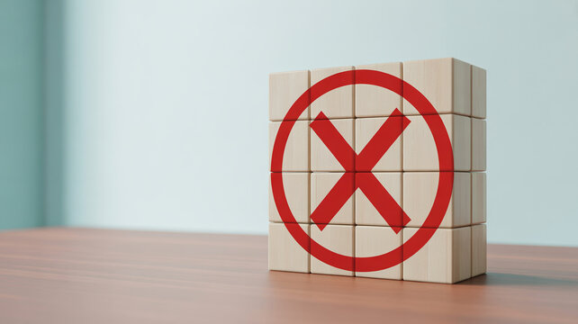 Wooden blocks with red forbidden symbol on table