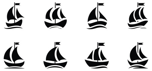 Historic sailboat icon set featuring traditional sailing vessels at sea, maritime heritage symbols, nautical transportation graphics, and detailed vector illustrations © Munna2