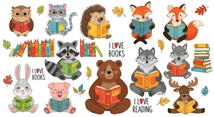 Obraz premium Cute forest animals reading books, educational stickers, bookworm wildlife icons, literacy clipart