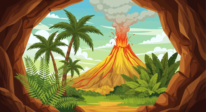 Volcanic eruption, tropical landscape, cartoon volcano, jungle scene, cave entrance