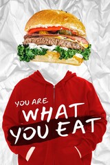 Obraz premium Red hoodie with slogan under a burger head on crumpled white background